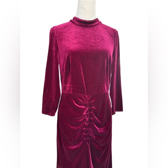 Eliza J midi ruched high collar open back burgundy velvet party dress - Picture 2 of 8